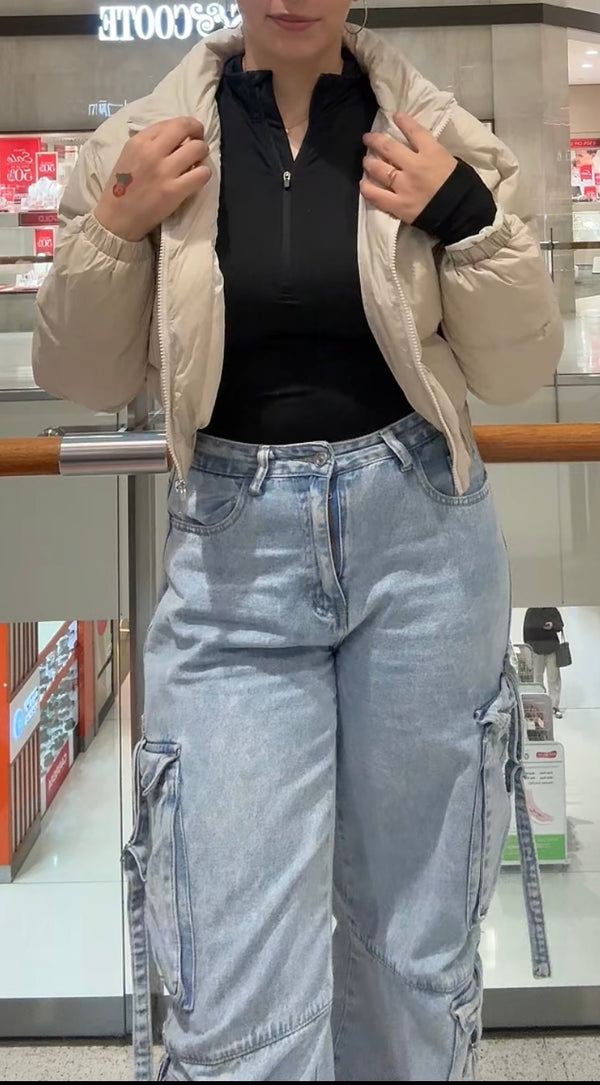 Cream Cropped Puffer Jacket